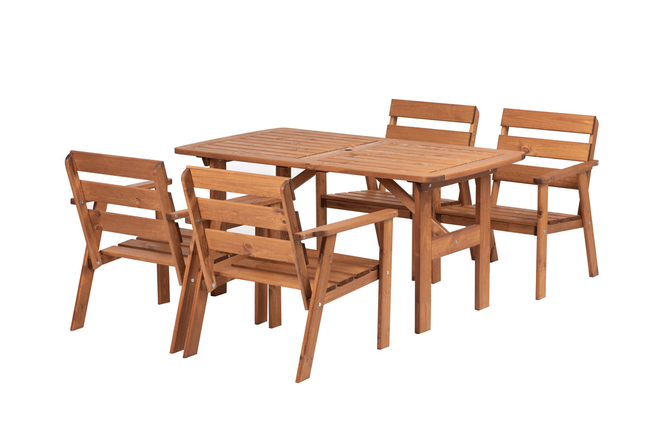 Venta Table & Atlanta Chairs Set, Honey Table and 4 chairs, chair, seat, seating, wooden, garden, patio, backyard, outdoor, garden furniture, UK, eco-conscious, Sanctuary, Sanctuary Lifestyle www.sanctuary-lifestyle.com