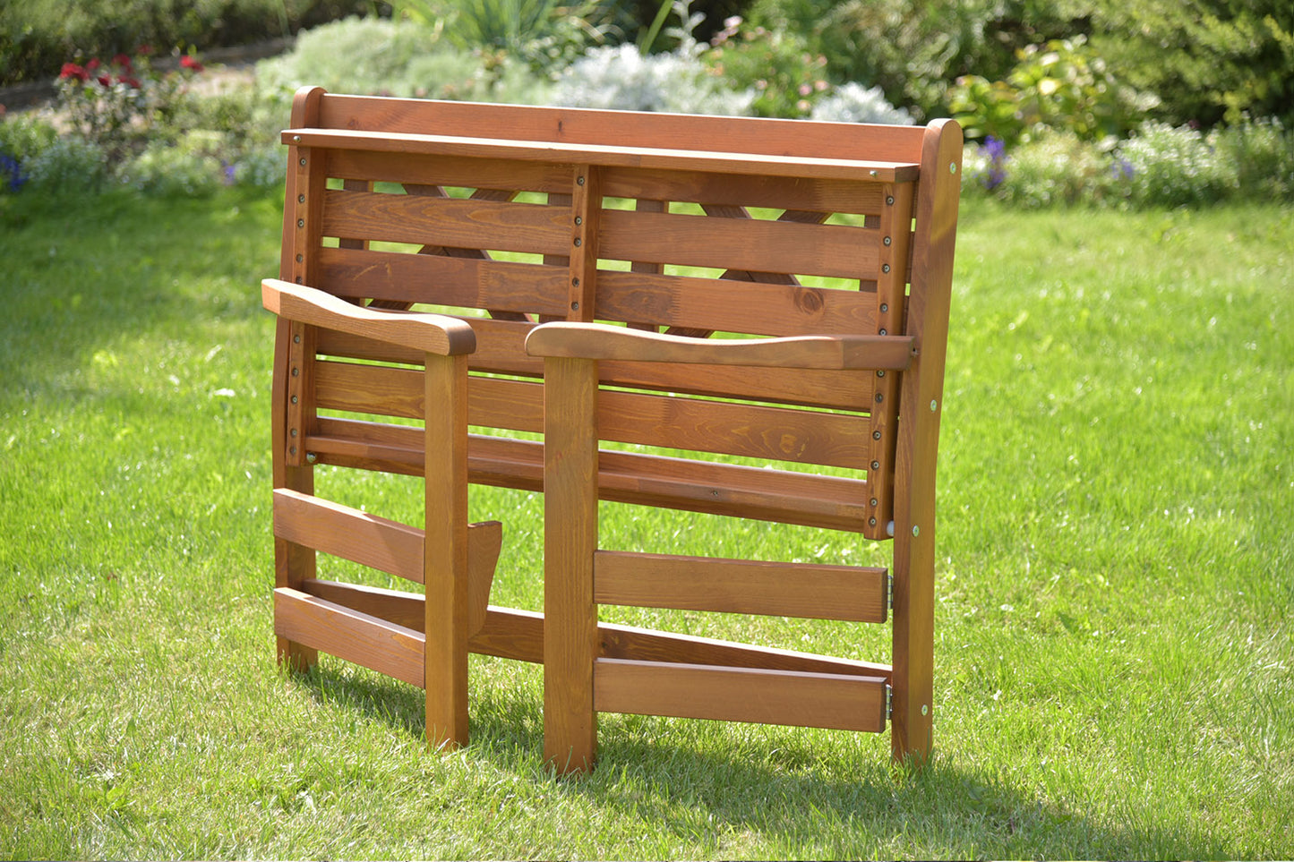 Malmo Flex 2 seater folding bench, honey, chair, seat, seating, wooden, garden, patio, backyard, outdoor, garden furniture, UK, eco-conscious, Sanctuary, Sanctuary Lifestyle www.sanctuary-lifestyle.com