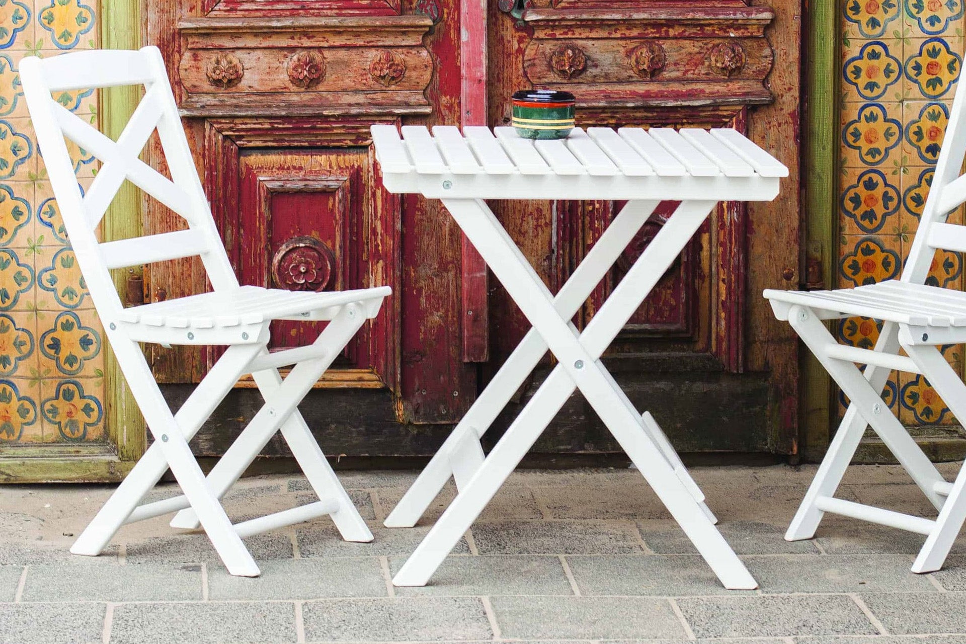 Sunrise-Lotus Folding Bistro Set, White Table and 2 chairs, chair, seat, seating, wooden, garden, patio, backyard, outdoor, garden furniture, UK, eco-conscious, Sanctuary, Sanctuary Lifestyle www.sanctuary-lifestyle.com