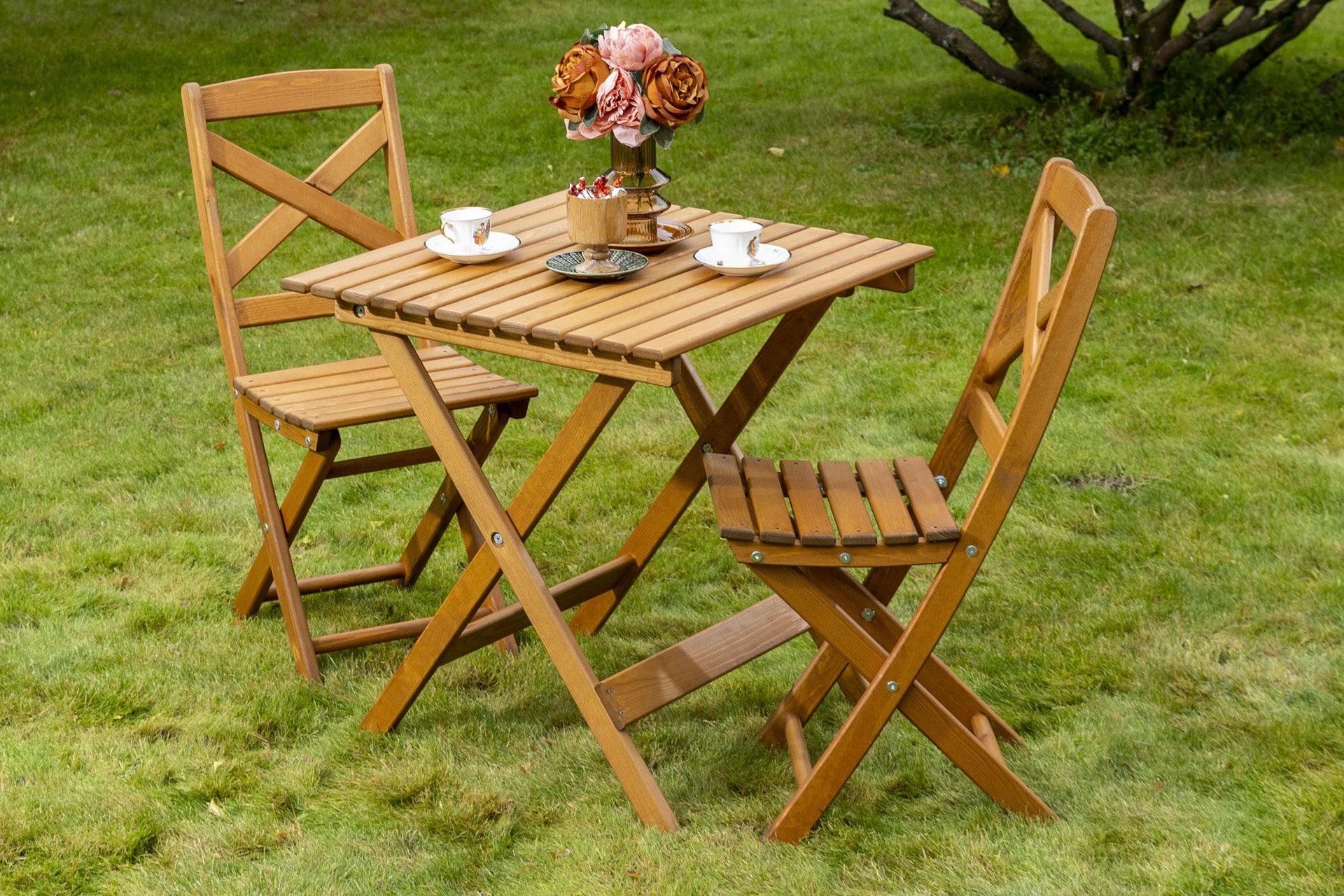 Sunrise-Lotus Folding Bistro Set, Honey Table and 2 chairs, chair, seat, seating, wooden, garden, patio, backyard, outdoor, garden furniture, UK, eco-conscious, Sanctuary, Sanctuary Lifestyle www.sanctuary-lifestyle.com